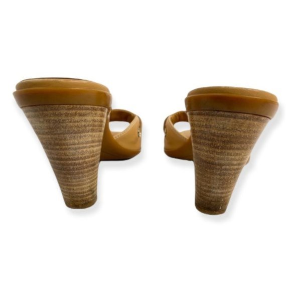 TODS Beige Tan Leather Classic Open Toe Heels Size 8.5 Wooden Block Heel Shoes - Picture 6 of 8